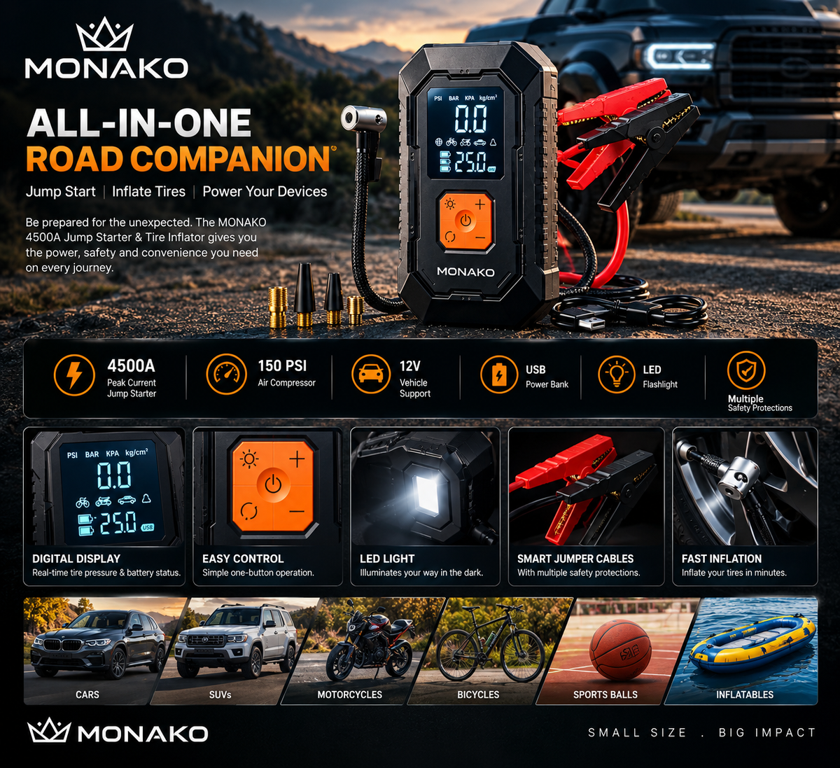 MONAKO 4500A Car Jump Starter and Tire Inflantor