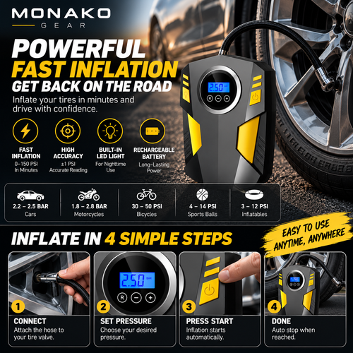 MONAKO Portable Tire Inflantor-Digital Tire Air Compressor