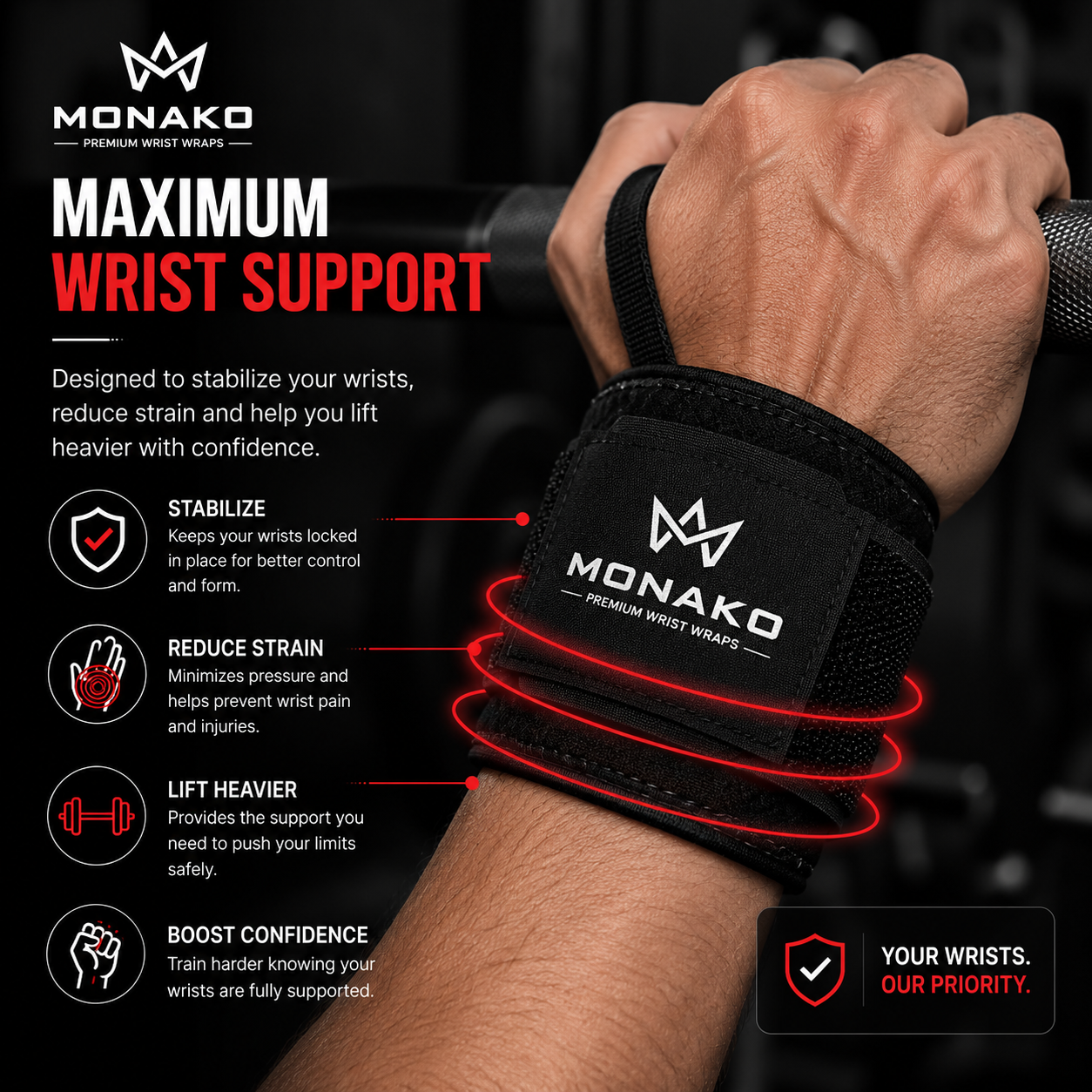 MONAKO Premium Wrist Wraps (Pair)